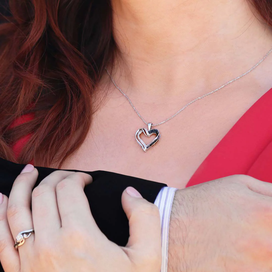 Silver Black & White Diamond Twisted Heart Necklace - Image 2
