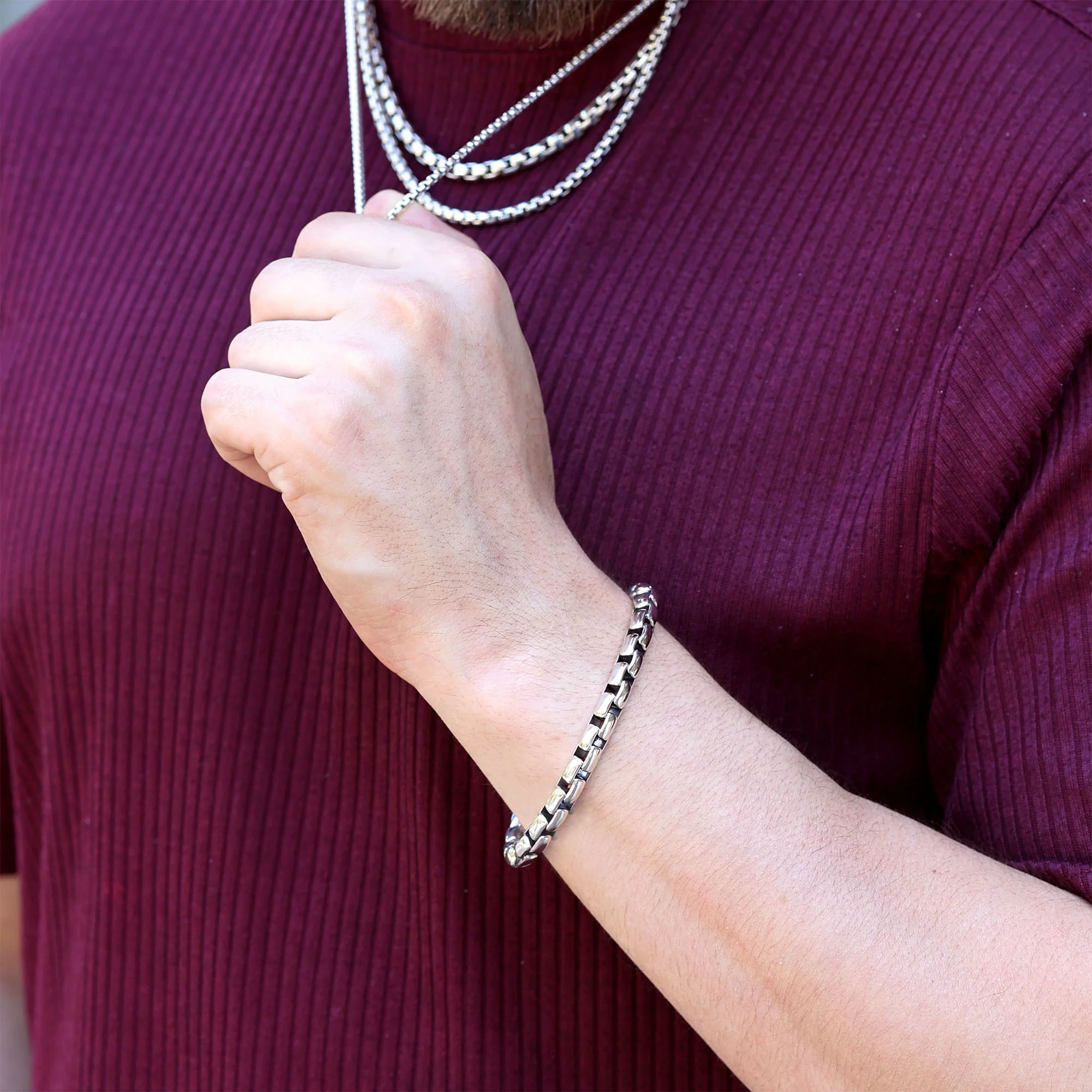 Silver Box Chain Cuff Bracelet - Image 2